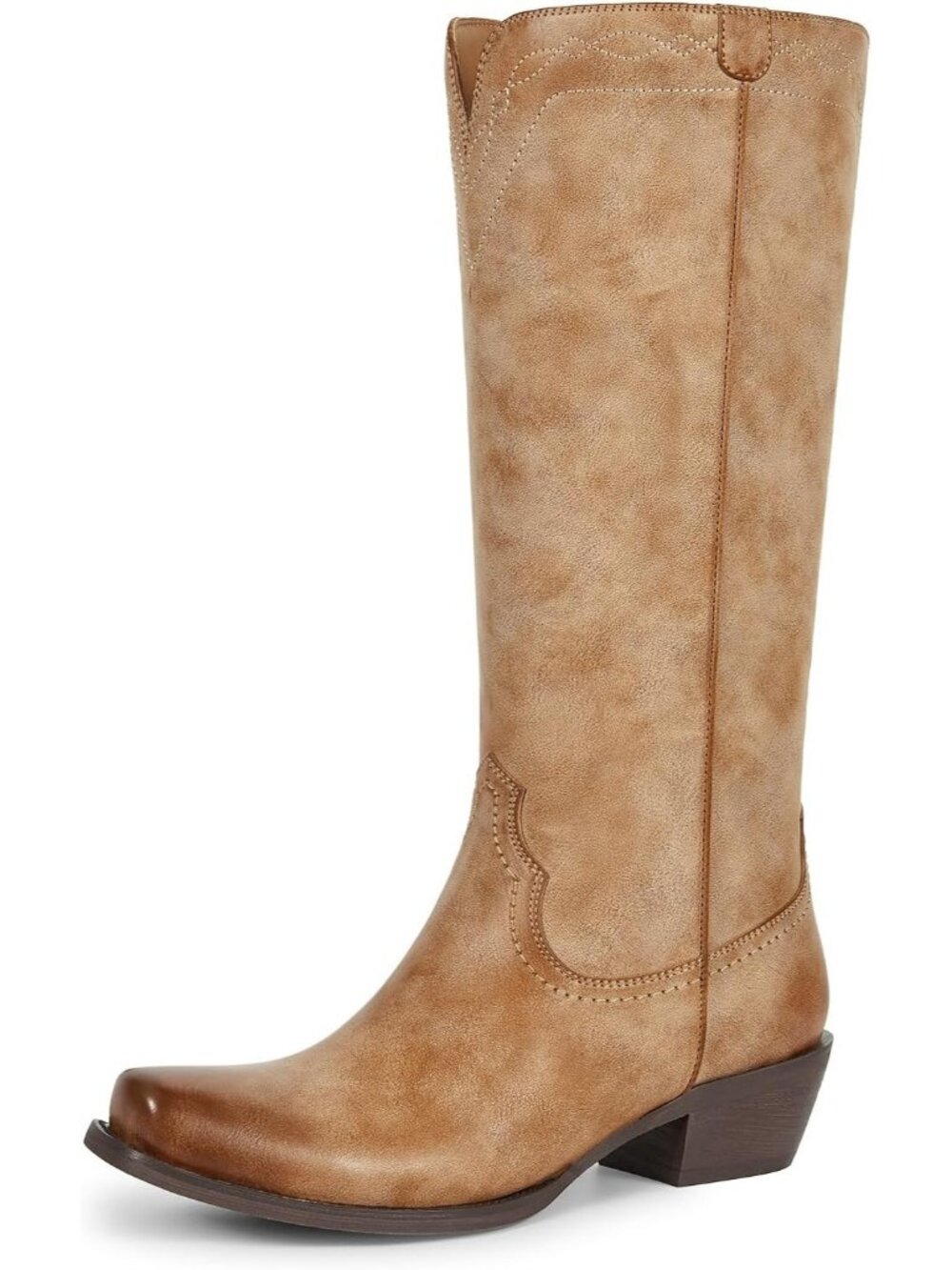 Women's Brown Leather Pull On Knee High Cowgirl Retro Embroidered Chunky Heels